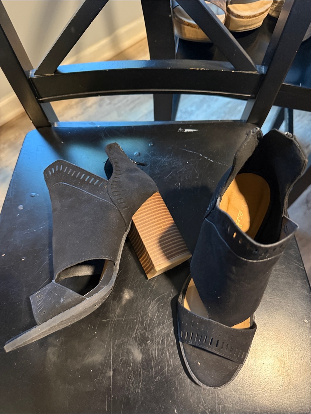 Qupid Black Suede Open-Peek Block Heel Sandals
